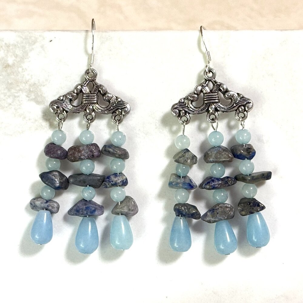 2/20$, Blue Dyed Agate & Lapis Lazuli Earrings, Gemstone & Sterling Silver Hook